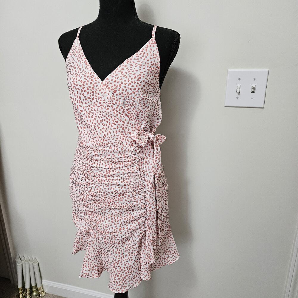 Sleeveless Faux Wrap Dress Size S Ruched Skirting With Flounced Hem Adj Straps